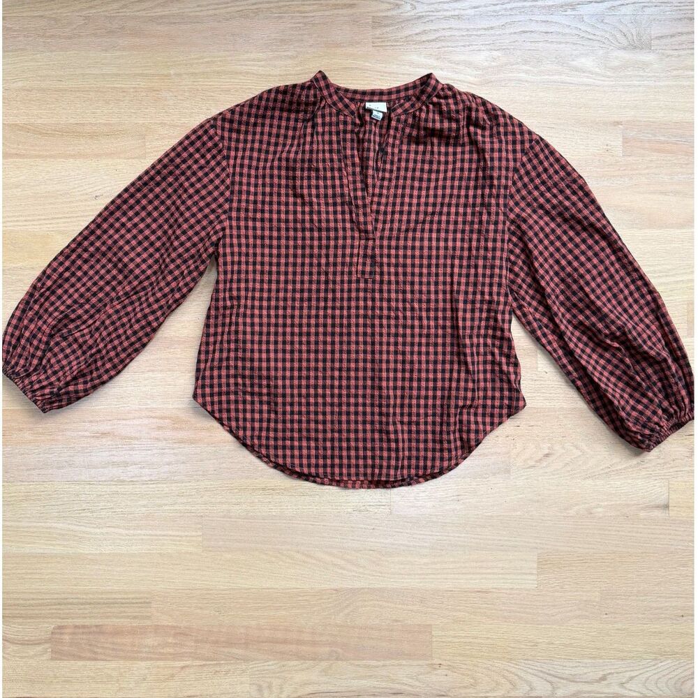 Burnt Orange Black Gingham Top, Balloon Sleeve, M, Fall Top